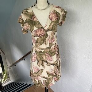 Billabong Wrap Dress Vintage Style Tropical Floral cream & pink Size Small